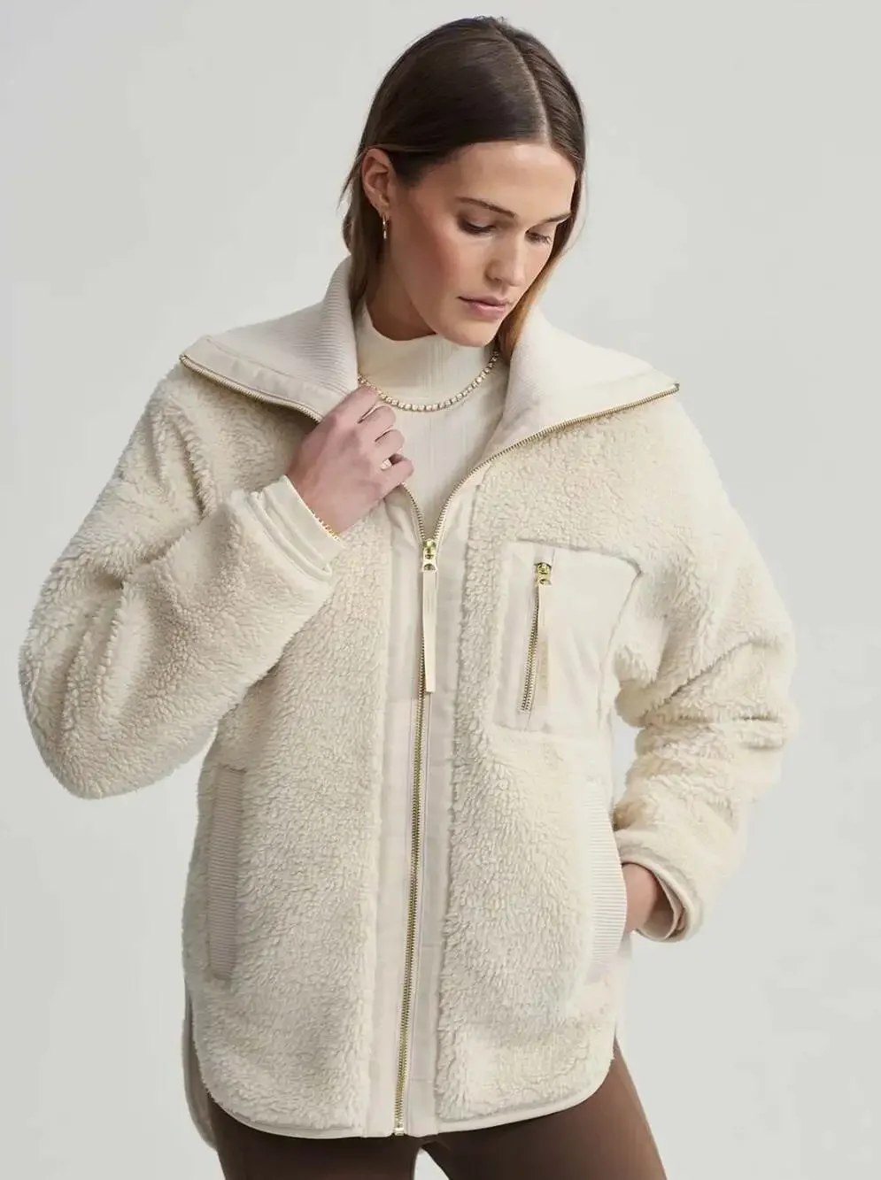 Varley Myla Faux Shearling Twill-Trimmed Zip-Through Jacket Cream Marl